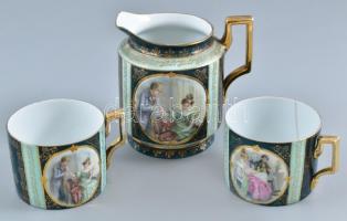 Barokk jelenetekkel díszített porcelán kiöntő és 2 db csésze, matricás, jelzett, hajszálrepedésekkel, összesen: 3 db