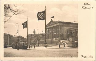 1940 Wien, Vienna, Bécs; Parlament / parliament, tram, swastika flags, NSDAP German Nazi Party propaganda