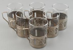 6 db üveg teás pohár, fém tartóval, m: 9,5 cm