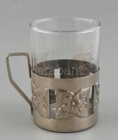 6 db üveg teás pohár, fém tartóval, m: 9,5 cm