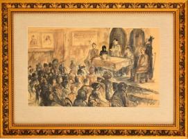 Hincz jelzéssel: Taggyűlés. Akvarell, papír.Dekoratív üvegezett fa keretben, 23×40 cm