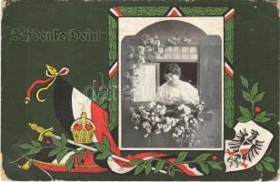1915 Ich denke Dein! / WWI German military art postcard, lady, coat of arms, flag. G.V.D. Serie 6012/4. (ázott / wet damage)
