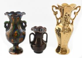 3 db mázas kerámia és porcelán váza, köztük aranyozott és irizáló is, mázhibával, kopásnyomokkal, egyik ragasztott, m: 14-27 cm