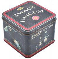 Zwack Unicum fém doboz, kopásnyomokkal, 10×10×8,5 cm