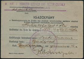 1941 M. Kir. I. Honvéd Légvédelmi Tüzér Osztály parancsnoksága által kiállított, Kelet-Magyarország és Erdély felszabadulásának emlékére alapított emlékérem viselésére jogosító igazolvány