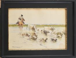 Wallburg Egon (Zórád Ernő, 1911-2004): Átkelés a folyón, 1934. Akvarell, papír. Jelzett. Üvegezett f...