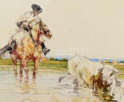 Wallburg Egon (Zórád Ernő, 1911-2004): Átkelés a folyón, 1934. Akvarell, papír. Jelzett. Üvegezett f...