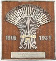 Gazdajelvény kalászokkal fa hordozón, 1905 és 1930 évszámokkal, ezüst (Ag) gravírozott fém lappal és...