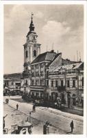 1939 Beregszász, Beregovo, Berehove; templom, üzletek. Schönberger kiadása / church, shops