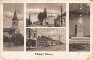 1944 Csap, Cop, Chop; templomok, utca, emlékmű / churches, street view, monument (lyuk / hole)