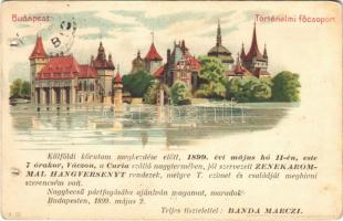 1899 Budapest XIV. Városliget, Történelmi főcsoport, Vajdahunyad vára. Hangverseny reklámjával. Kunstanstalt Kosmos S. IX. litho (lyukak / holes)
