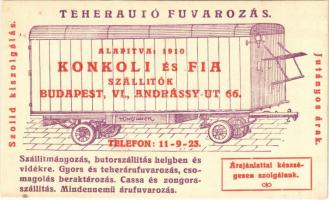 Budapest VI. Konkoli és Fia szállítók reklámlapja. Teherautó fuvarozás. Mindennemű árufuvarozás. Andrássy út 66. (non PC)