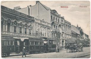 1909 Debrecen, Piac utca, Központi Bank, Fonciere biztosító, Fischer Adolf üzlete, városi vasút, kisvasút, vonat (EB)