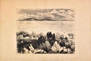 Kiss Terézia (1928- ): Kilátás Fonyódra. Rézkarc, papír, jelzett, kissé foltos, lap jobb szélén kisebb szakadással, 29x38,5 cm