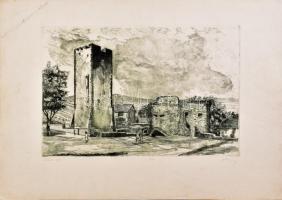 Blahos Rudolf (1917-1986): Nagyvázsonyi Kinizsi vár. Rézkarc, papír, jelzett, lap széle kissé foltos, 27×41,5 cm