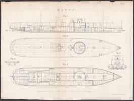 A MAROS és LEITHA dunai monitorok Josef von Romako által 1870-ben készített tervrajzának 1873-ban kiadott példánya, korához képest jó állapotban, 22x30 cm