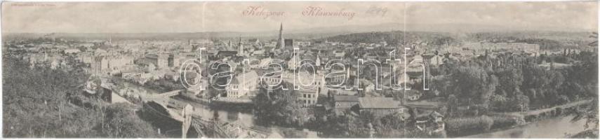 Kolozsvár, Cluj, Klausenburg; Három részes kihajtható panorámalap / 3-tiled folding panoramacard
