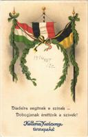 1916 Diadalra segítnek e színek - dobogjanak érettünk a szívek! Kellemes Karácsonyi ünnepeket / WWI German and Austro-Hungarian K.u.K. military propaganda with Christmas greetings, flags. B.W.K. 7550. litho (EK)