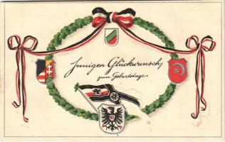1916 Glückwunsch zum Geburtstage / WWI Austro-Hungarian K.u.K. military, Central Powers propaganda, coat of arms. Serie 339. Emb. litho (apró lyuk / tiny pinhole)