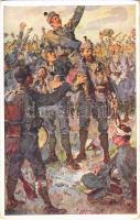 Am 18. Oktober 1914 gelang es dem I. Bataillon des Tiroler Landesschützenregimentes Nr. 1. von seinem Führer, Hauptmann Rudolf Kulka, zur höchsten Kraftentfaltung angefeuert, durch einen tollkühnen Sturmangriff die heißumstrittene, uneinnehmbar scheinende Magierahöhe dem Feinde zu entreißen. Voll Begesiterung hoben dann die wackeren Tiroler ihren siegreichen Führer auf die Schultern. Aus dem goldenen Buche der Armee Serie I. Offizielle Karte üfr Rotes Kreuz, Kriegsfürsorgeamt, Kriegshilfsbüro Nr. 207. / WWI Austro-Hungarian K.u.K. military art postcard, support fund s: Marussig (EK)
