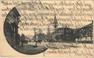 1902 Resica, Resita; utca, templom, üzlet. ifj. Neff Károly kiadása / street, church, shop