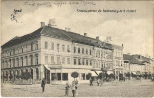 1911 Arad, Eötvös utca, Szabadság tér, Pölzl kávéház, Aradi Kereskedők Köre, Hubert J. és Társa üzlete / square, cafe, shops