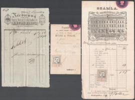1850-1900 3 db régi budai és pesti számla: Anton Kindl, Két Bak fogadó. Walter Ferenc Fehér lóhoz címzett szálloda