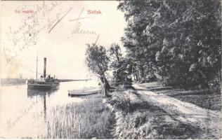 1912 Siófok, Sió részlet gőzhajóval és csónakkal. Telepi tőzsde kiadása