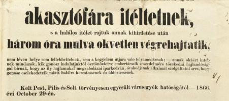 1866 Pest megyei statáriumról szóló rendelkezés nagy méretű hirdetménye 68x53 cm hajtva