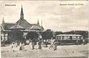 1915 Békéscsaba, Motoros vasútállomás pavilonja, kisvasút, vonat. Vasúti levelezőlapárusítás 5842. (EK)