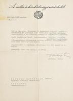 1948 Levél Ortutay Gyula vallás- és közoktatásügyi minisztertől, sajátkezű aláírásával