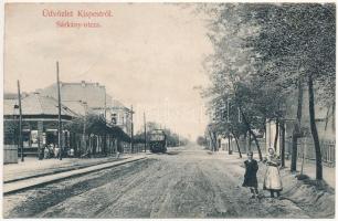 1910 Budapest XIX. Kispest, Sárkány utca, villamos, Weil Bernát üzlete (EK)