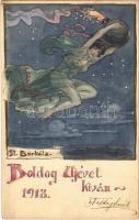 1917 Boldog Újévet kíván 1918. St. Borbála. Kézzel festett finoman erotikus / Hungarian New Year greeting, hand-painted gently erotic art postcard s: Tettey Emil