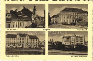 Ungvár, Uzshorod, Uzhhorod, Uzhorod; Kis híd utca, Nemzeti Bank, Polgári leányiskola, Szent Bazil internátus. Miravcsik kiadása / street view, bank, girls' school, boarding school (ragasztónyom / glue marks)