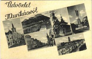 Munkács, Mukacheve, Mukacevo; mozaiklap Országzászlóval / multi-view postcard with Hungarian flag