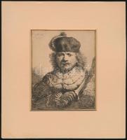 cca 1900-1910 Rembrandt van Rijn (1606-1669): Önarckép szablyával, heliogravűr, papír, paszpartuban, 13x10 cm.