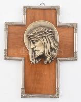 Fa kereszt fém szegélyező mintával, Jézus plasztikus portréjával, jelzett, jó állapotban, 15x19 cm
