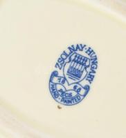 Zsolnay porcelán bonbonniere és tálka, kézzel festettek, jelzettek, a tálkán kisebb kopások, 7x7x4 c...