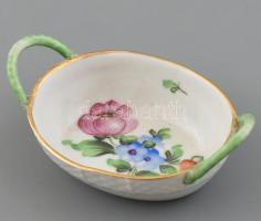 Herendi virágmintás porcelán tálka, kézzel festett, jelzett, a fülei javítottak, 9x6 cm