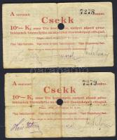 Pápa 1919. "Pápai csekk" 10K (2x) egymásutáni sorszámmal, lyukasztással érvénytelenített T:III,III/IV