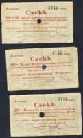 Pápa 1919. "Pápai csekk" 10K (3x) egymásutáni sorszámmal, lyukasztással érvénytelenített T:III,III/IV