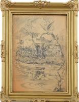 Szotyori-Nagy Mihály (1933-): Vízpart. Ceruza, papír, jelzett, üvegezett, dekoratív fa keretben. 30,5×23 cm