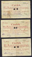 Pápa 1919. "Pápai csekk" 10K (3x) két lyukasztással érvénytelenített (Adamovszky nem említi!) T:III,III/IV