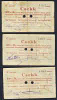 Pápa 1919. "Pápai csekk" 10K (3x) két lyukasztással érvénytelenített (Adamovszky nem említi!) T:III,III/IV