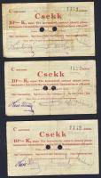 Pápa 1919. "Pápai csekk" 10K (3x) két lyukasztással érvénytelenített (Adamovszky nem említi!) T:III,III-