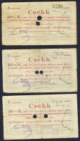 Pápa 1919. "Pápai csekk" 10K (3x) két lyukasztással érvénytelenített (Adamovszky nem említi!) T:III,III/IV