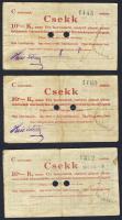 Pápa 1919. "Pápai csekk" 10K (3x) két lyukasztással érvénytelenített (Adamovszky nem említi!) T:III,III/IV