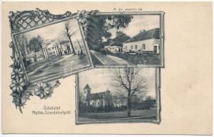 1914 Nyitraszerdahely, Nitrianska Streda; M. kir. postahivatal, templom, Zerdahelyi kastély kapuja. Platzkó Gyula kiadása, Zerdahelyi Zsigmond levele / post office, church, castle entry gate. Art Nouveau, floral