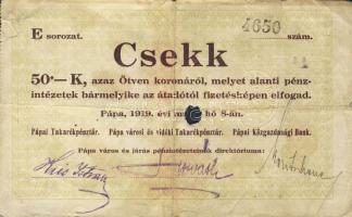 Pápa 1919. "Pápai csekk" 50K vízjeles papíron, lyukasztással érvénytelenítve T:III-