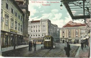 1909 Temesvár, Timisoara; Szent György tér, villamos, Maison Lechner, takarékpénztár, Várneky A., Farber Miksa és Klein Hillel üzlete / square, tram, shops, savings bank (EK)